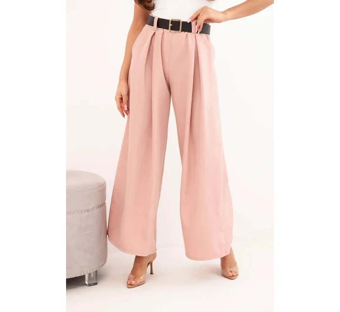 Dámské kalhoty s širokou nohavicí a páskem tmavě pudrově růžové