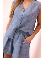 Dámská viskózová souprava – vesta na knoflíky a šortky džínový melír Dámská viskózová souprava – vesta na knoflíky a šortky džínový melír