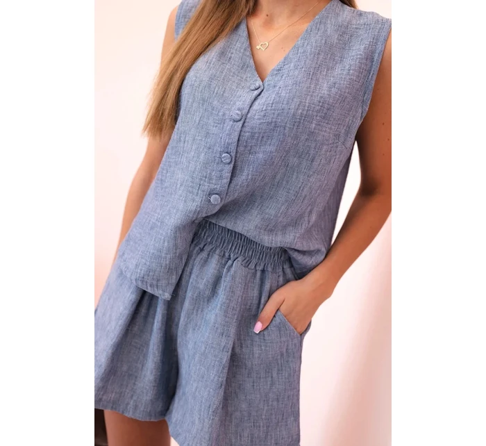 Dámská viskózová souprava – vesta na knoflíky a šortky džínový melír Dámská viskózová souprava – vesta na knoflíky a šortky džínový melír