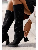 Zdobené dámské kozačky nad kolena zateplené na podpatku černé model 21671858 - S.Barski Zdobené dámské kozačky nad kolena zateplené na podpatku černé model 21671858 - S.Barski