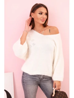 Dámský svetr z model 21272125 volného střihu s výstřihem do V ecru - K-Fashion