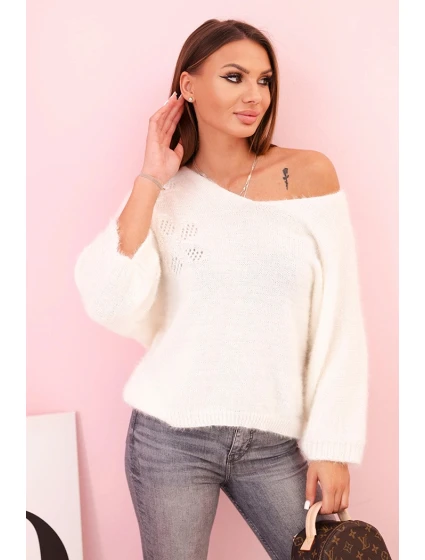 Dámský svetr z model 21272125 volného střihu s výstřihem do V ecru - K-Fashion