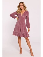 M826 Sametové šaty s výstřihem do V - krepové růžové