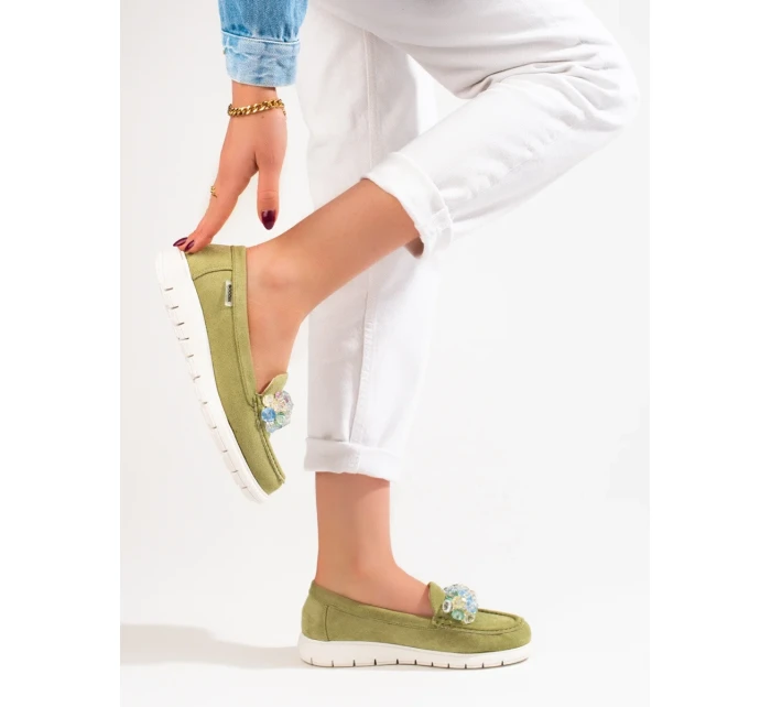 Praktické dámské zelené mokasíny bez podpatku Praktické dámské zelené mokasíny bez podpatku