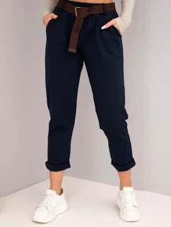 Dámské kalhoty bavlněné s páskem a ohrnutým nohavicemi granátové