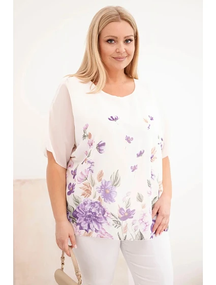 Dámská halenka Plus Size s krátkým rukávem a květinovým potiskem fialová