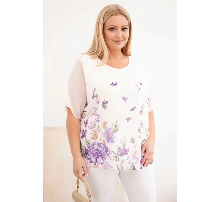 Dámská halenka Plus Size s krátkým rukávem a květinovým potiskem fialová