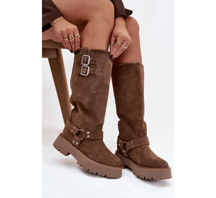 Kožené semišové dámské kozačky s přezkami zateplené Big Star OO274A182 béžové Kožené semišové dámské kozačky s přezkami zateplené Big Star OO274A182 béžové