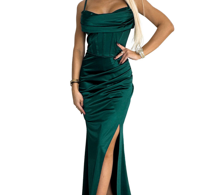 Dlouhé dámské korzetové saténové maxi šaty v lahvově zelené barvě na ramínkách 526-1