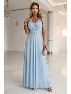 637-6 Wieczorowa długa sukienka z brokatowym akcentem i głębokim dekoltem - błękitna