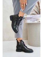 Kožené Lakované Boty Dámské Zateplené Na Zip D&A LZ42-042 Tmavozelené