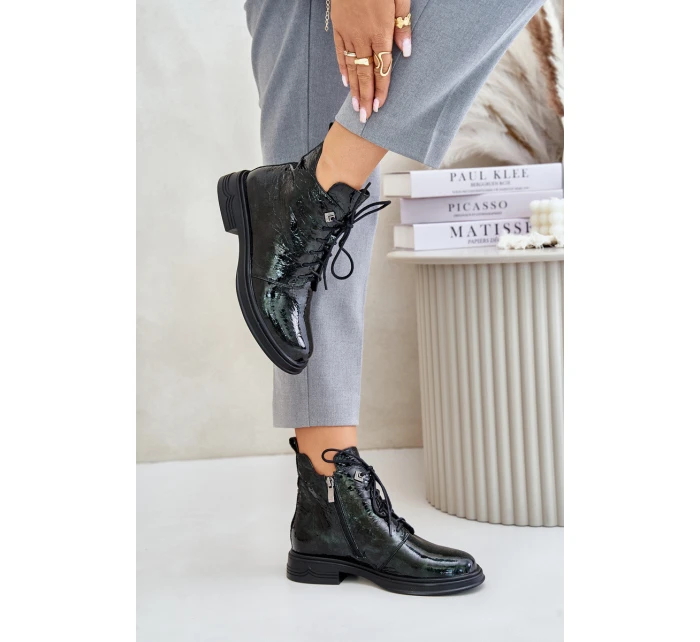 Kožené Lakované Boty Dámské Zateplené Na Zip D&A LZ42-042 Tmavozelené