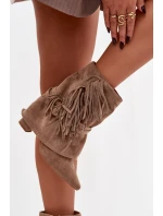 Dámské kotníkové boty na jehlovém podpatku s třásněmi a zlatými přezkami béžové model 21757497 - Boto