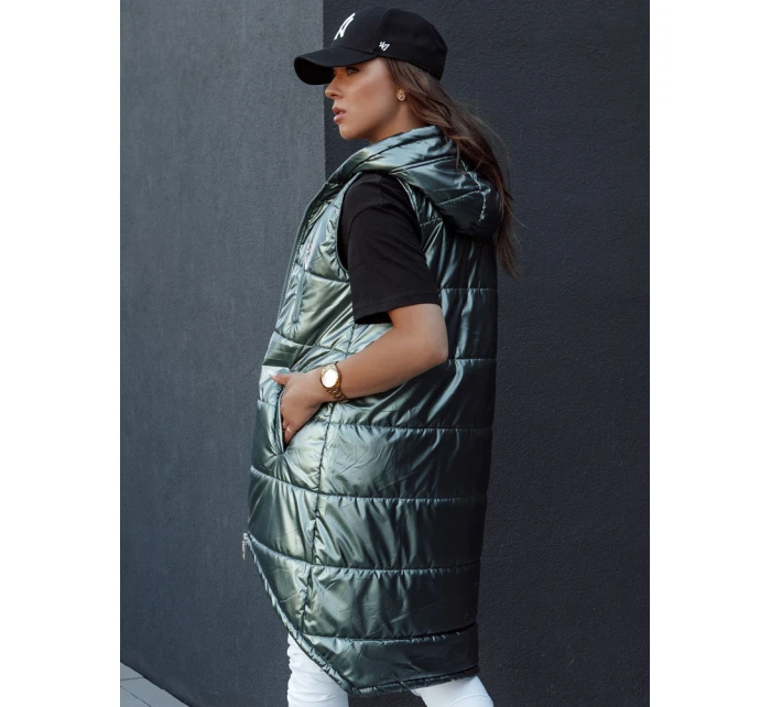 Dámská prošívaná vesta s kapucí dlouhá MERIS tmavě zelená FashionStreet TY4425