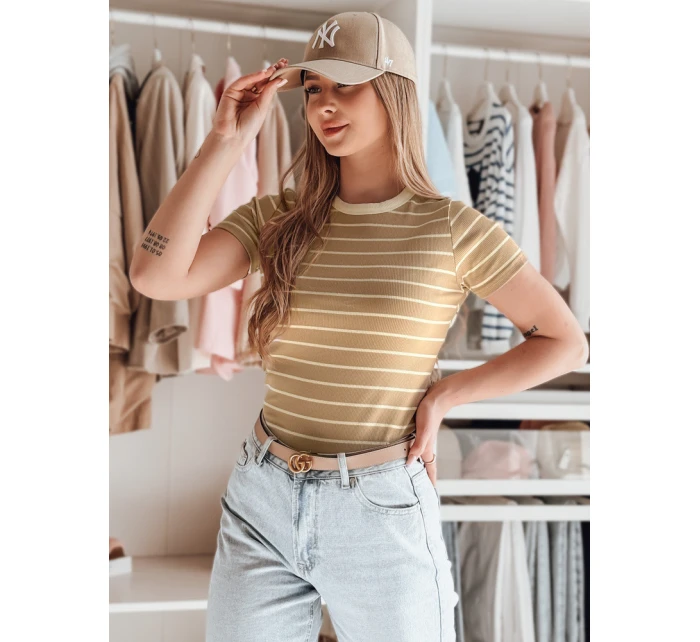 LINESS dámské pruhované basic tričko camel FashionStreet RY2819 LINESS dámské pruhované basic tričko camel FashionStreet RY2819