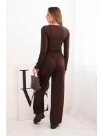 Dámský viskózový komplet s blůzou a širokými kalhotami hnědý