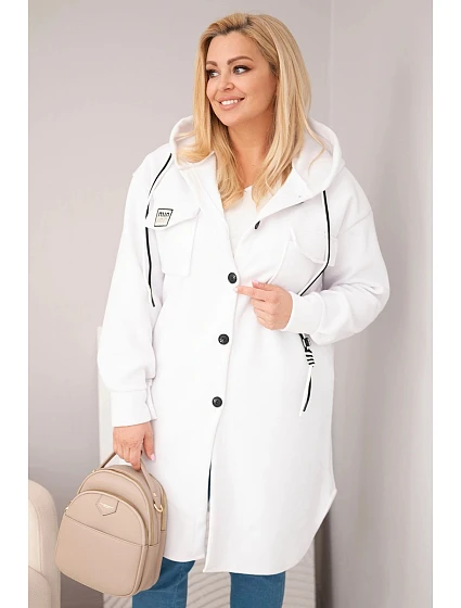 Dámský kabát Plus Size s kapucí zapínaný na knoflíky bílý