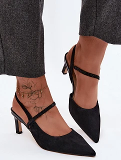 Kožené semišové sandály na podpatku s ozdobnou páskou D&A CR61-3048 černé