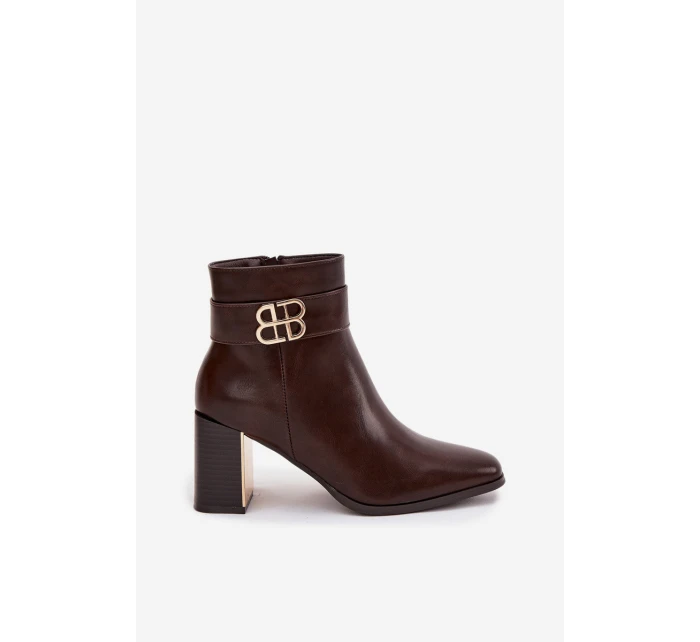 Dámské kotníkové boty na podpatku s páskem a zlatým detailem čokoládové Galinne