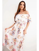 Dámské viskózové šaty model 22148024 střihu s květy béžová - K-Fashion