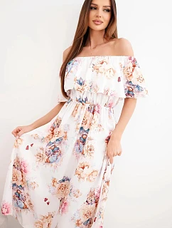 Dámské viskózové šaty model 22148024 střihu s květy béžová - K-Fashion