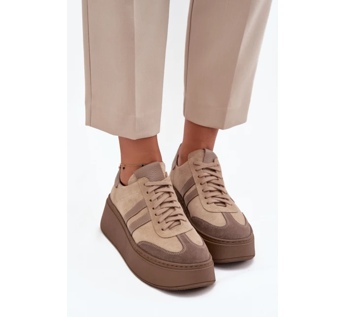 Kožené semišové dámské tenisky na platformě model 21713090 béžové - Zazoo