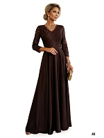 309-14 AMBER elegantní dlouhé krajkové šaty s výstřihem - čokoládové 309-14 AMBER elegantní dlouhé krajkové šaty s výstřihem - čokoládové
