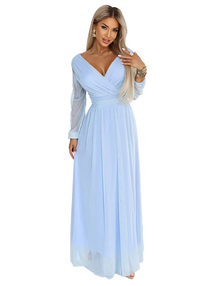 Dlouhé maxi šaty s rukávy a obálkovým výstřihem modré model 22175033 - numoco basic