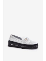 Dámské kožené mokasíny na platformě s řetízkem S.Barski LR618 Bílé