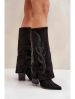 Zdobené kozačky s ohrnutým svrškem na podpatku černé model 21681562 - Boto