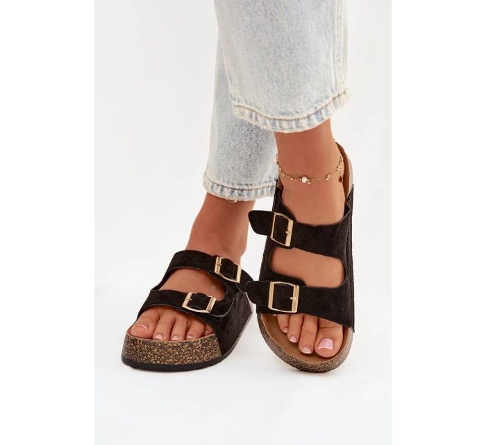 Dámské pantofle na korkové platformě se zlatými sponami Černé Tovessa Dámské pantofle na korkové platformě se zlatými sponami Černé Tovessa