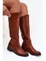 Kožené dámské kozačky na nízkém podpatku zateplené model 21710542 hnědé - Zazoo