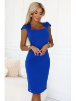 318-9 Elegantní midi šaty s krásným výstřihem a krátkými rukávy - chrpová barva