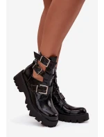 Lakované dámské kotníky s pásky a stříbrnými sponami Černé Helisse Lakované dámské kotníky s pásky a stříbrnými sponami Černé Helisse