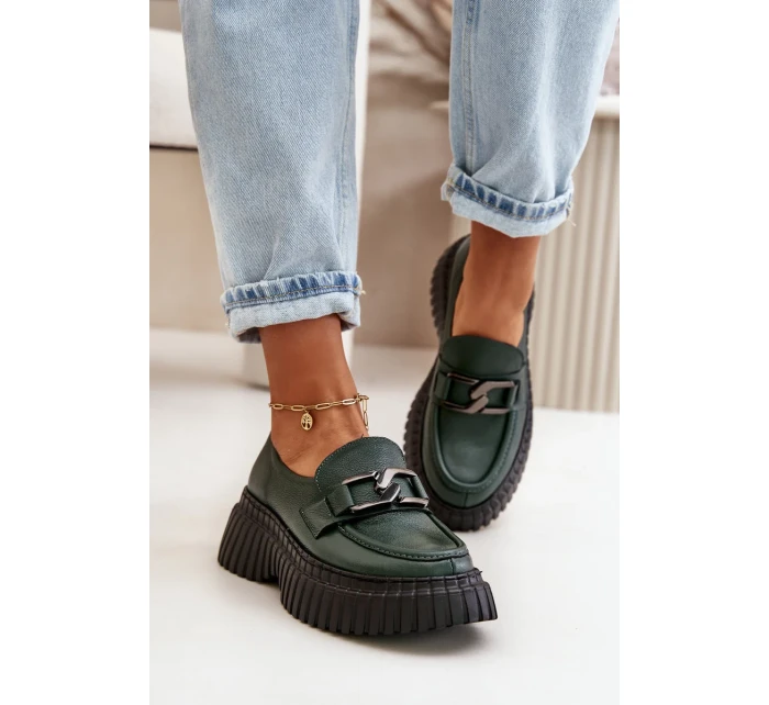 Zazoo Polobotky Mokasíny Dámské Z Přírodní Kůže Tmavě Zelené