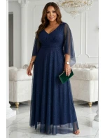 655-3 Dlouhé lehké třpytivé šaty s výstřihem a průhlednými rukávy - tmavě modré 655-3 Dlouhé lehké třpytivé šaty s výstřihem a průhlednými rukávy - tmavě modré
