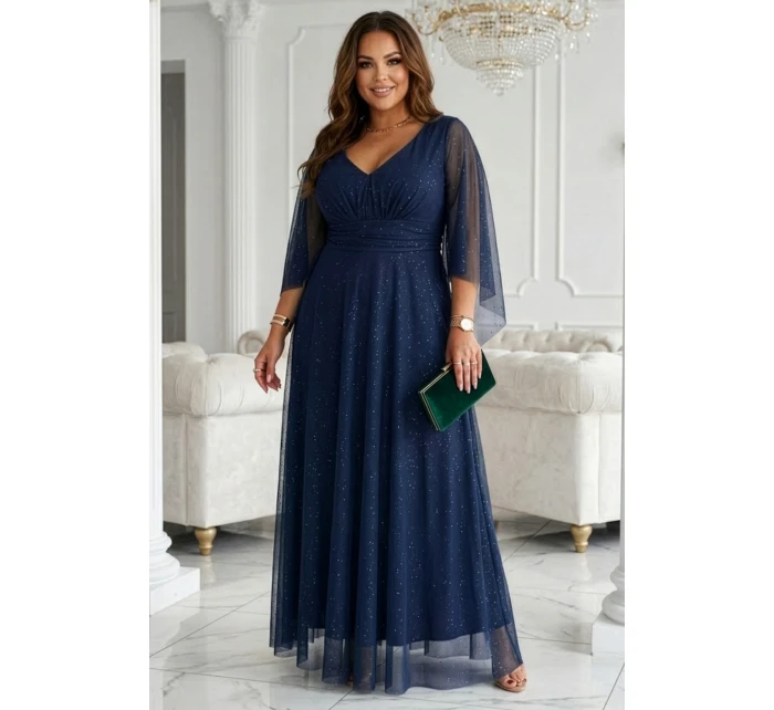 655-3 Dlouhé lehké třpytivé šaty s výstřihem a průhlednými rukávy - tmavě modré 655-3 Dlouhé lehké třpytivé šaty s výstřihem a průhlednými rukávy - tmavě modré