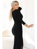 404-13 Elegantní dlouhé šaty s obálkovým výstřihem a rozparkem - černé 404-13 Elegantní dlouhé šaty s obálkovým výstřihem a rozparkem - černé