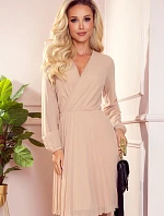 ISABELLE - Béžové dámské plisované šaty s dekoltem a dlouhými rukávy 313-9