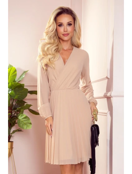 ISABELLE - Béžové dámské plisované šaty s dekoltem a dlouhými rukávy 313-9