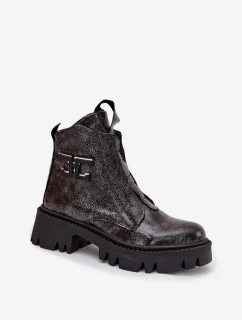 Dámské lakované boty Artiker – grafitové, zateplené, s ozdobou