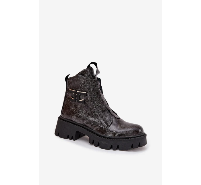 Dámské lakované boty Artiker – grafitové, zateplené, s ozdobou
