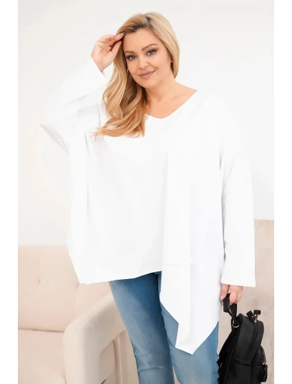 Dámská bavlněná blůza Plus Size s asymetrickým spodním lemem a V výstřihem bílá