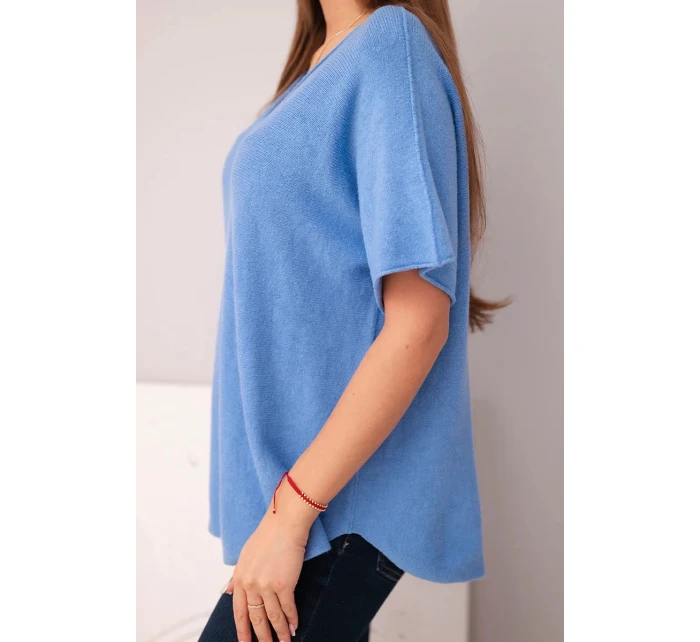 Dámská svetr s krátkým rukávem a výstřihem do V džínová