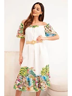Dámské šaty model 22170775 střihu s páskem a krátkým rukávem ecru - K-Fashion