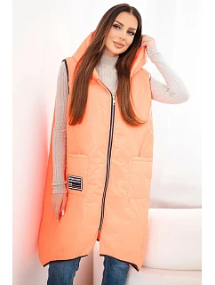 Dámská prošívaná vesta Plus Size s kapucí model 22064345 na zip oranžový neon - K-Fashion