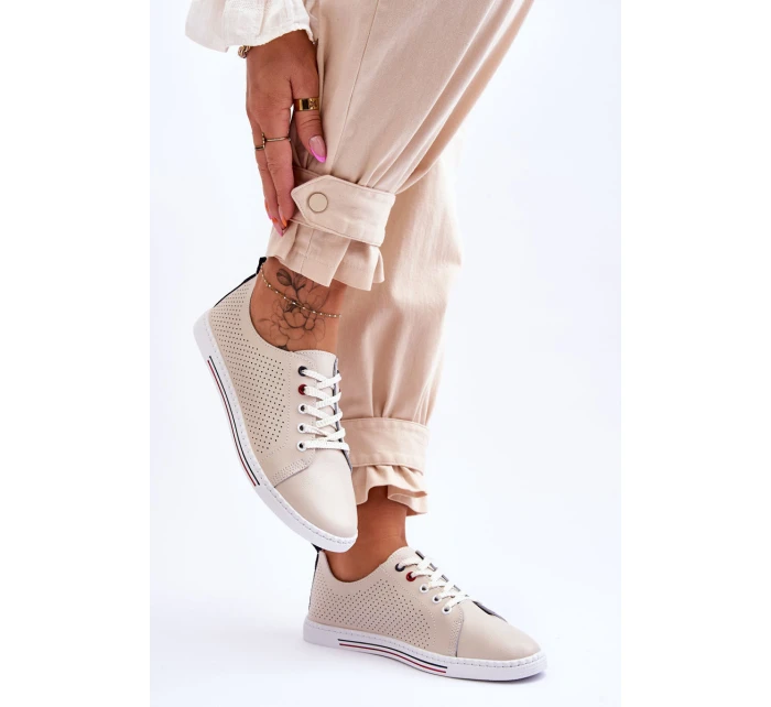 Dámské kožené ažurové tenisky béžové model 21615830 - S.Barski Dámské kožené ažurové tenisky béžové model 21615830 - S.Barski