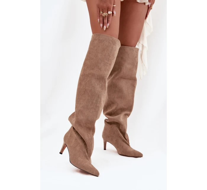 Dámské kozačky na jehlovém podpatku, vsuvné Mavilla – béžové