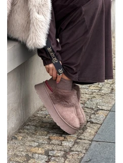 Dámské sněhule Querina na platformě s kožešinou a výšivkou – tmavě béžové