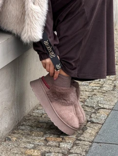 Dámské sněhule Querina na platformě s kožešinou a výšivkou – tmavě béžové